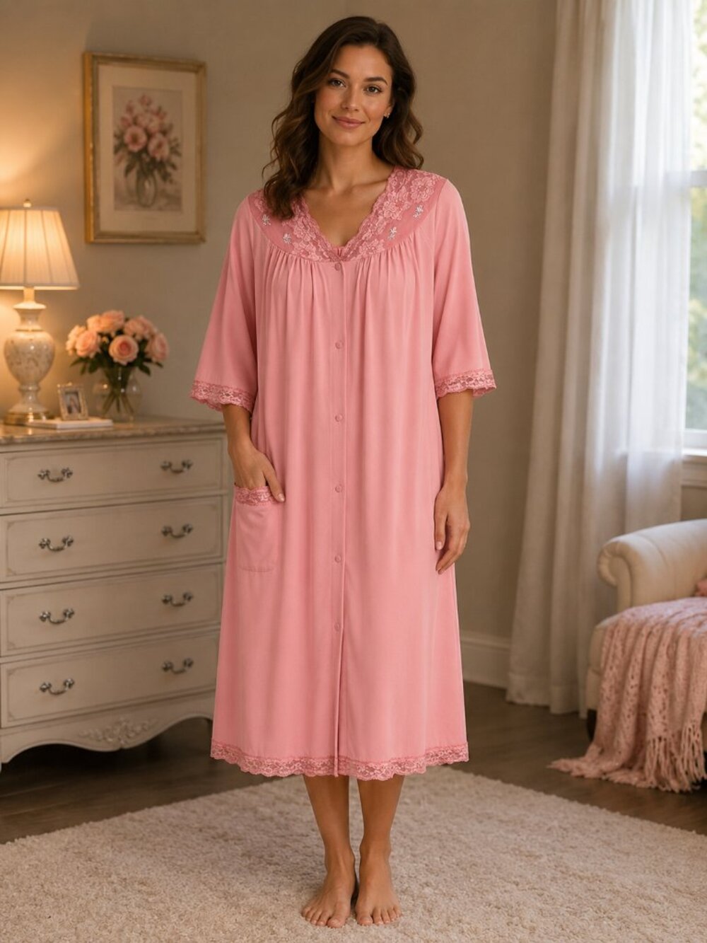 Women's Medium Vintage Pink  Robe Shadowline Embroidered Flowers Cottagecore